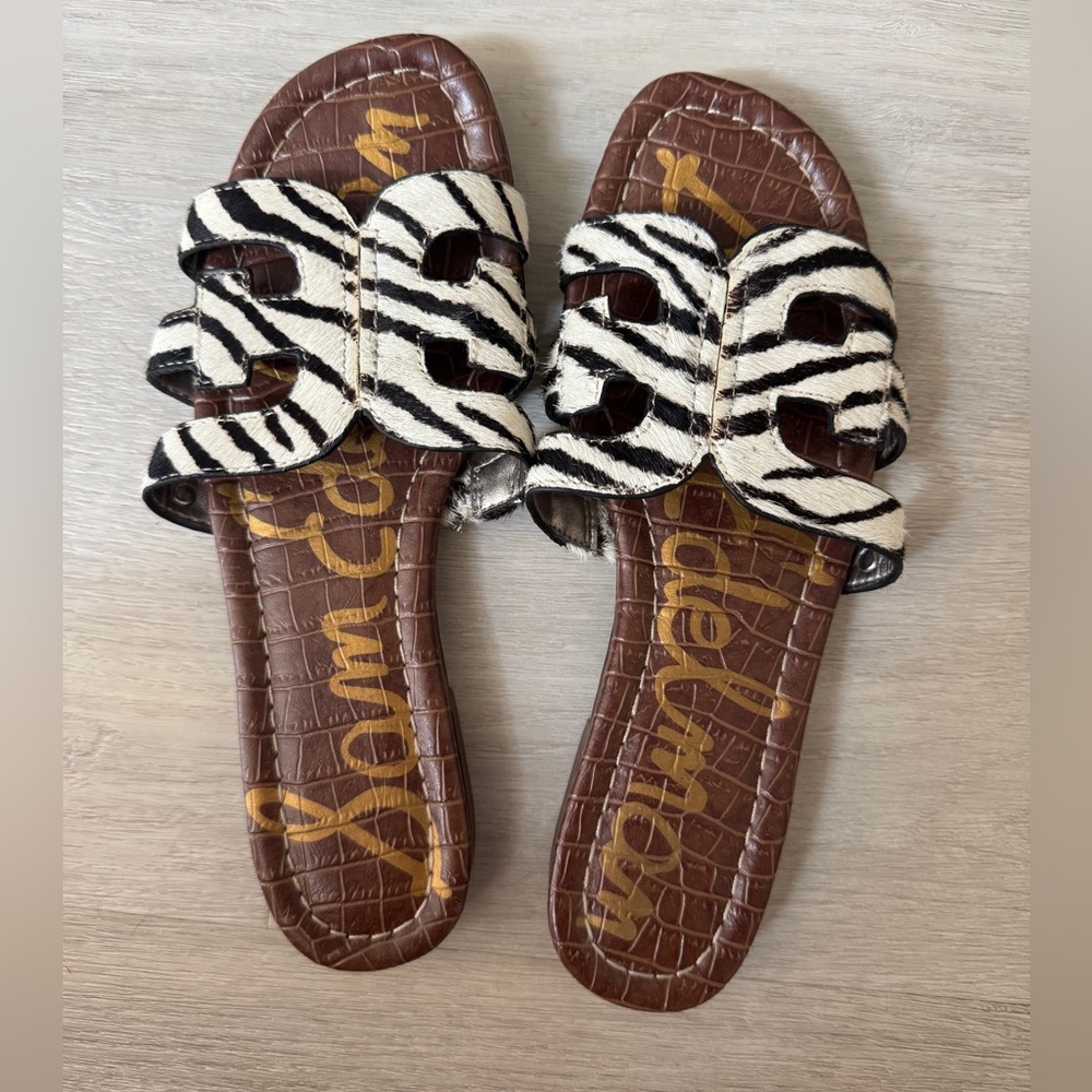EUC Sam Edelman Bay Zebra Animal Print Calf Hair Sandals White Black 6.5